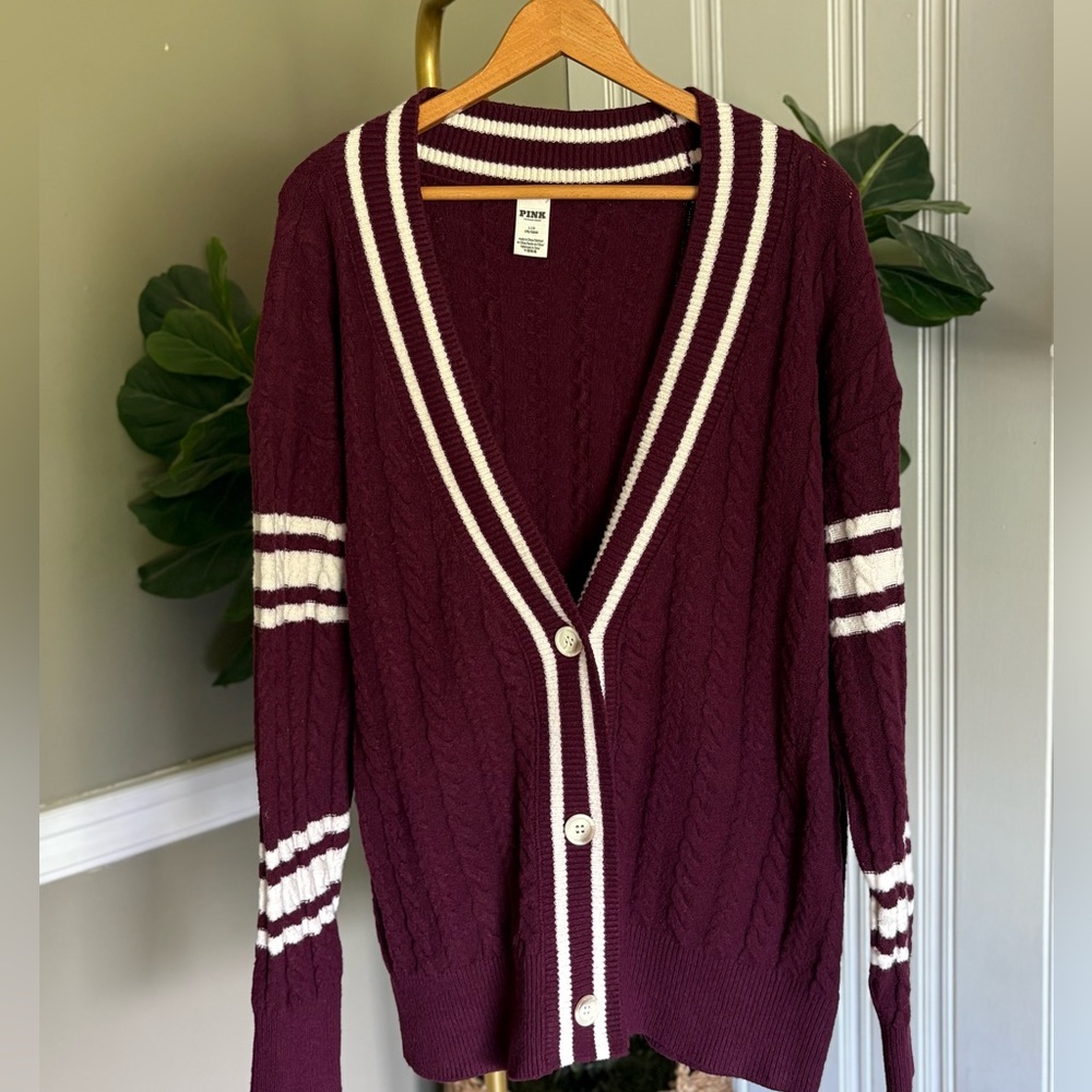 Victoria Secret PINK Varsity Cable Knit Oversized Cardigan Sweater Large